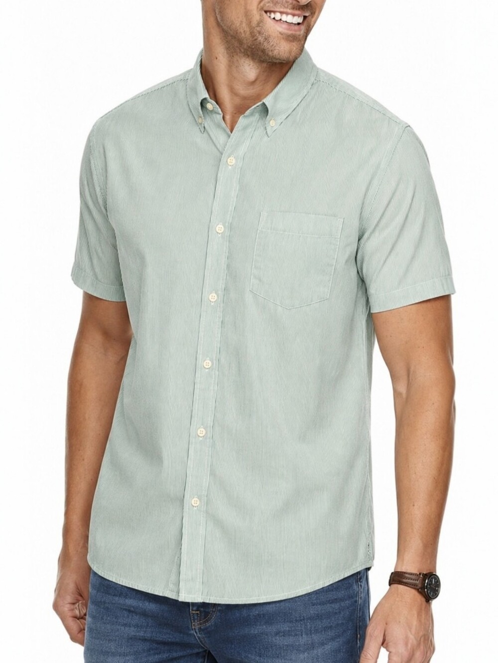 Croft & Barrow Button Down Shirt Short Sleeve Men's Large Green White Striped